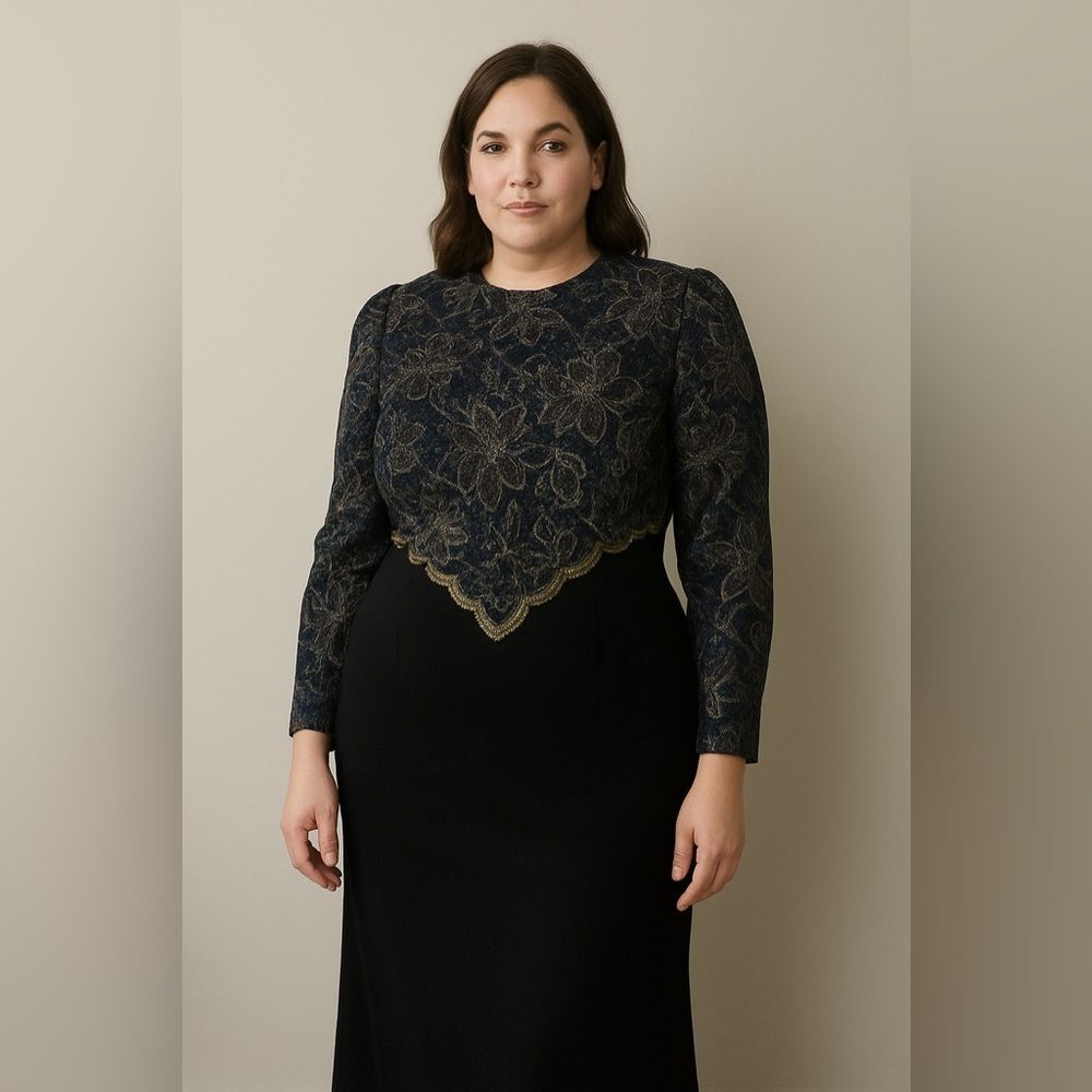 Scott McClintock Vintage Black and Gold Floral Long Sleeve Dress Large 12